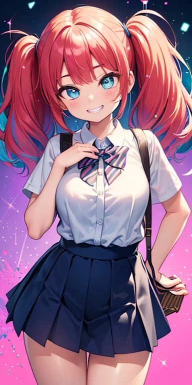 baby face, (colorful fluorescence multicolored hair:1.5,short twintails:1.5,messy hair), (masterpiece, sidelights, exquisite beautiful eyes: 1.5), masterpiece*portrait, realistic, {(Colorful splash background of different colors:1.5)},colorful,3D face,(cute face),front view: 1.6、 (glowing blue eyes:1.2),plump face:1.5,(tareme:1.5)、(grin:1.2),Rosy Mouth,Slim Body, shiny hair, shiny skin: 1.5、medium breasts,、solo,(stand)、(high school girl school uniform)、(charactor focus:1.5、portlate、cowboy shot),(sparkling particles)