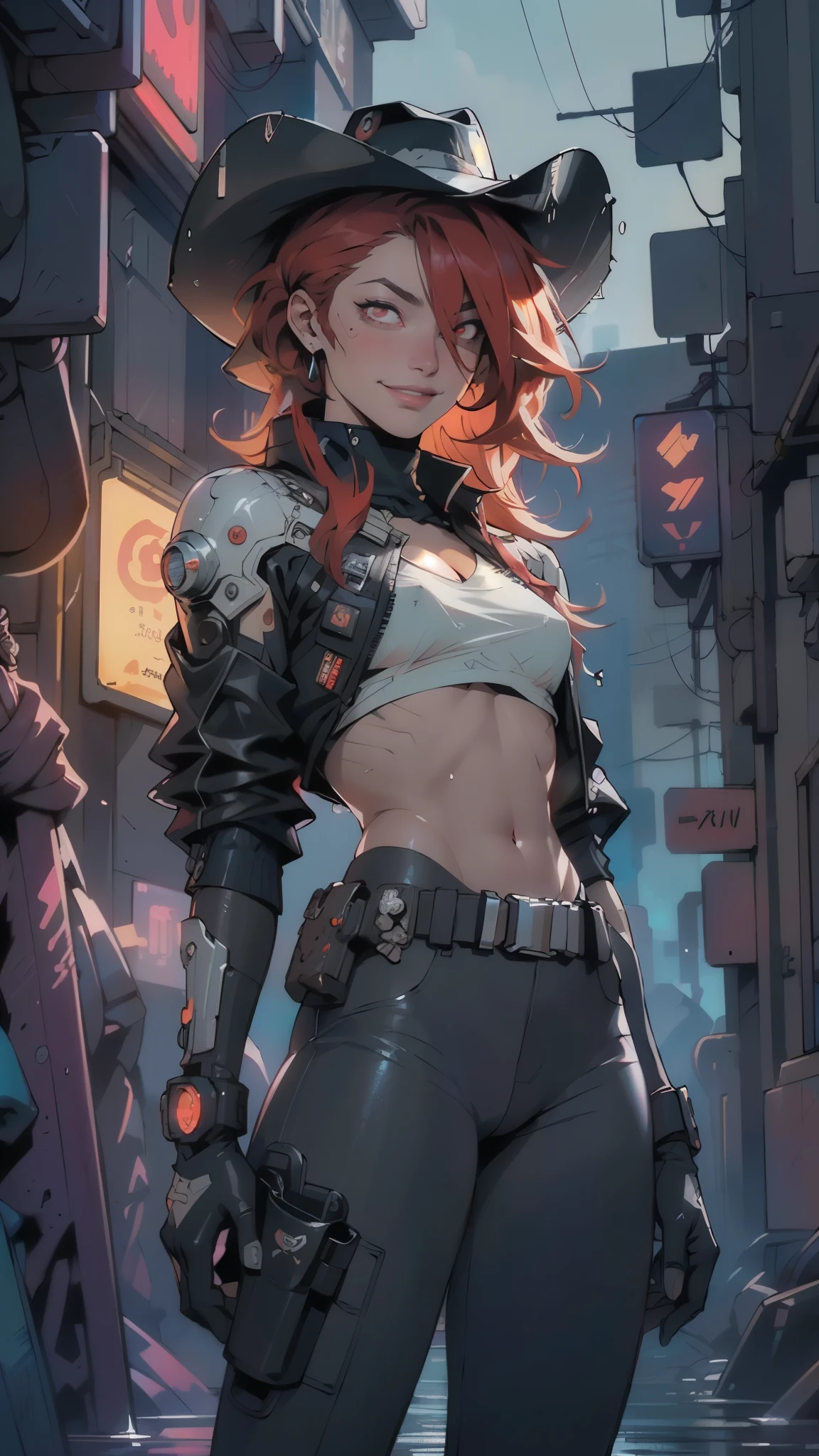 (man:1.5),1 man,cyberpunk gunslinger,(((1man))),((man with messy red hair)),
(((1male,man:1.5,handsome man,male,male gender:1.5,male focus))),macho man,((messy red hair,detailed hair,highly detailed hair,red hair,hair over one eye:1.2,colored inner hair)),(((dark_red_eyes:1.2))),intricate eyes,beautiful detailed eyes,symmetrical eyes,(((lustrous skin:1.5,tanned skin,bright skin: 1.5,skin tanned,shiny skin,very shiny skin,shiny body,illuminated skin))),((man chest)),handsome face,((muscular)),(detailed face),
nsfw,
(((bare chest))),dark pants,((bulge in pants)),((gunfighter outfit, (cyberpunk cowboy_hat:1.2))),(wearing a gunfighter outfit:1.3,gunslinger clothes),(cyberpunk gun holster,belt),((wet clothes,intricate outfit,intricate clothes)),
(dynamic pose:1.0),solo focus,((evil smile,evil look)),(centered,scale to fit dimensions,Rule of thirds),
cyberpunk city by the ocean at night, with bright neon signs and dark stormy clouds and puddles, scenery:1.25,nighttime, starry night, cosmos,Very dark night that makes the neon lights stand out, very bright neon lights,nighttime, starry night, cosmos,
artistic photography,(photography taken by sldr),highres, sharp focus,(ultra detailed, extremely detailed), (photorealistic artwork:1.37),(extremely detailed CG unity 8k wallpaper),((synthwave background theme)),(((vibrant colors))),intricate,(intricate background),(masterpiece),(best quality),photo realistic,analog style,((intricate detail)),(((realism))),