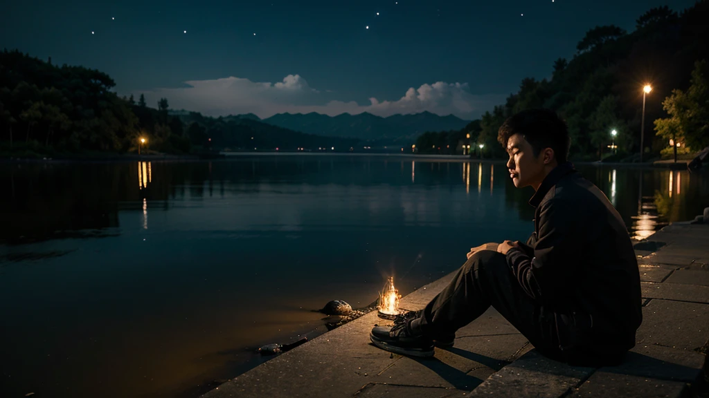 A young asian man sitting beside lake at the foging dark night