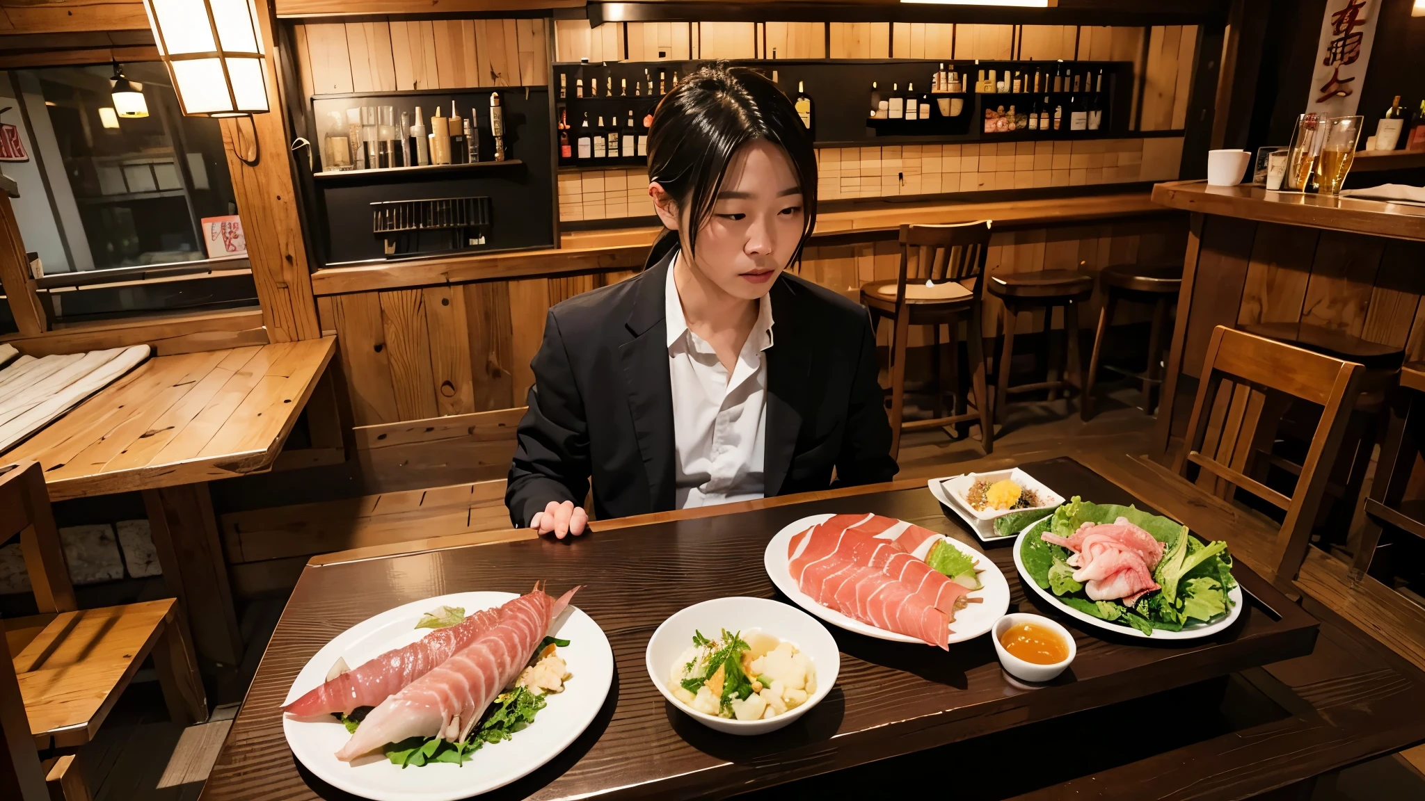 on the table、Yakitori、horse sashimi、salad is on it。There's beer too。Bright izakaya interior。