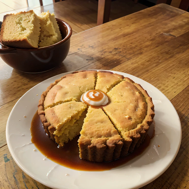 sweet cornbread and sweet sauce on the table, ultra realistic, ultra high resolution, photorealistic, 1.4 UHD