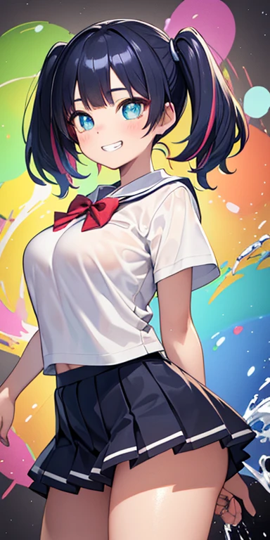 baby face, (colorful fluorescence multicolored hair:1.5,short twintails:1.5,messy hair), (masterpiece, sidelights, exquisite beautiful eyes: 1.5), masterpiece*portrait, realistic, {(Colorful splash background of different colors:1.5)},colorful,3D face,(cute face),front view: 1.6、 (glowing blue eyes:1.2),plump face:1.5,(tareme:1.5)、(grin:1.2),Rosy Mouth,Slim Body, shiny hair, shiny skin: 1.5、medium breasts,、solo,(stand)、(high school girl school uniform)、(charactor focus:1.5、portlate、cowboy shot),(sparkling particles:1.3)