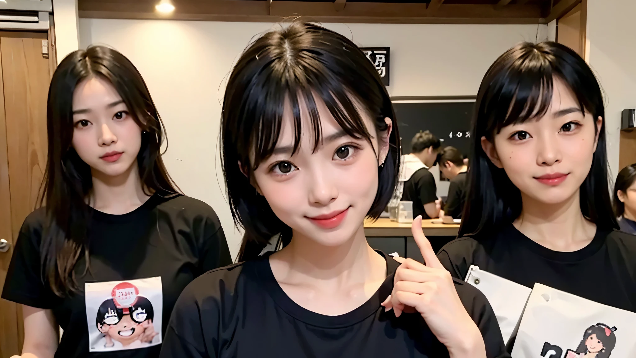 Smiling izakaya clerk、cute japanese、Beauty、black t-shirt、The background is pure white、