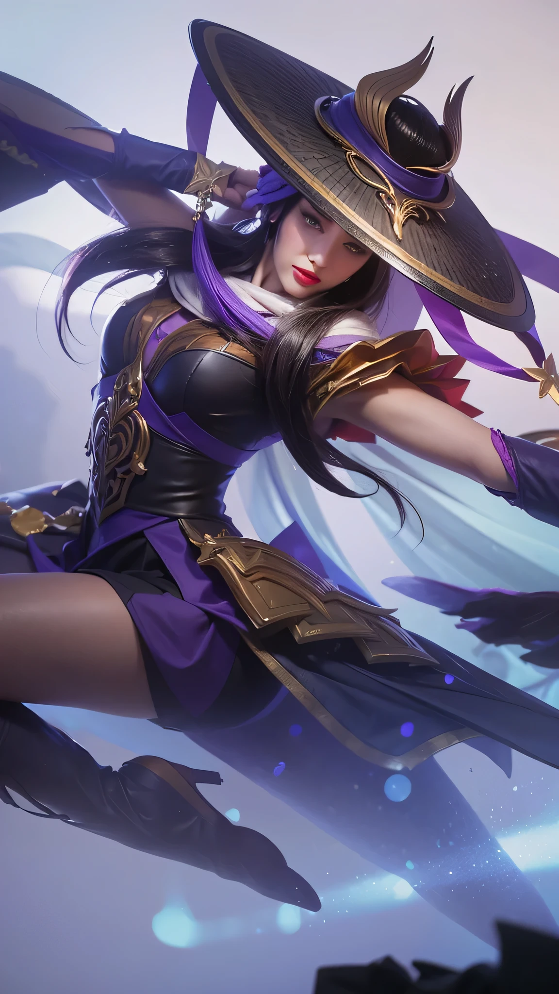 close-up image of a woman dressed in purple holding a sword, wearing a hat, red lipstick lips