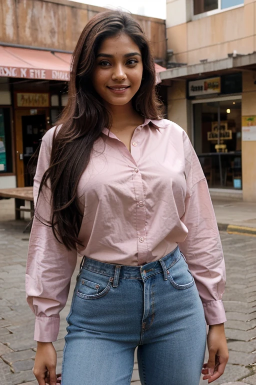 Masterpiece, highest quality, realistic, very fine details, high resolution, 1 beautiful woman, indian, 20 years old, bright smile, dimples, black long hair, medium breasts, brown eyes, beautiful eyes, detailed And realistic bright skin texture, height 170, frontal shot, full body shot, jeans,  pink oversize shirt, bar,