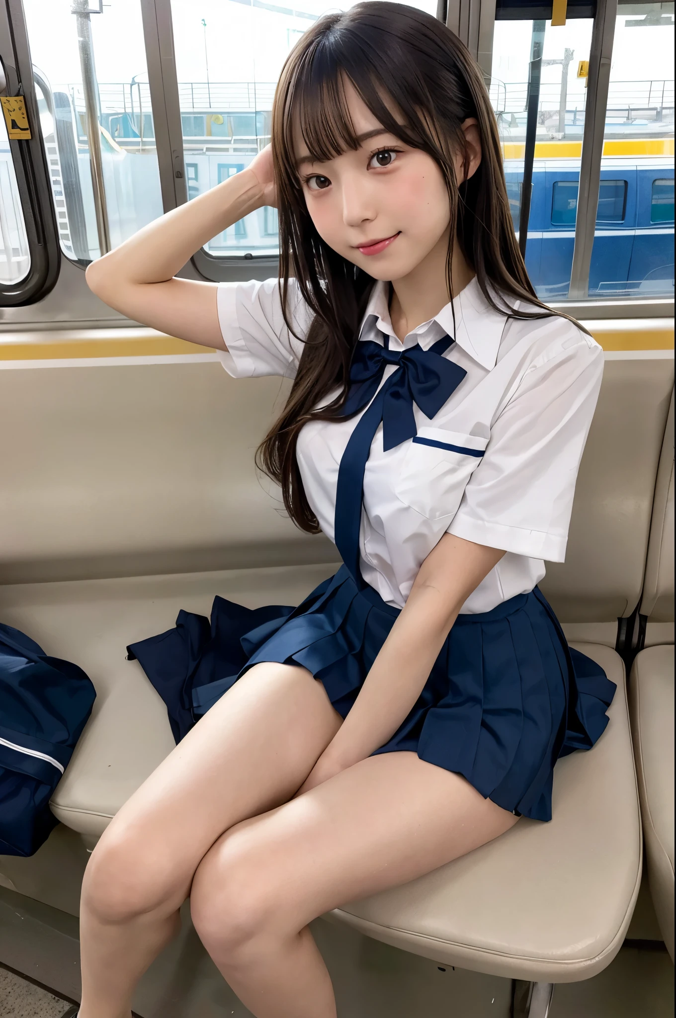 high angle shot, An arafe Asian woman wearing a short skirt and bow tie is sitting on a train, cute female student, japanese girl uniform, wearing japanese school uniform, japanese school uniform, a hyperreal high school girl, High school girl's expression, hyperreal high school girl, wearing school uniform, real high school girl, girl in uniform, 制服を着たwearing school uniform, Photo of high school girl posing, whole body, nice skin, glowing skin, nice thighs,Shining thighs, shining legs, go barefoot