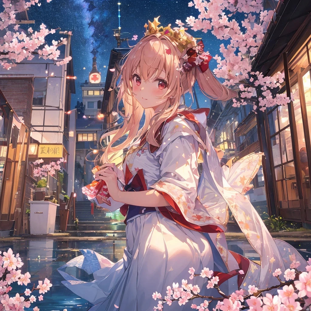 (((Highest, Highest品質)) (((( masutepiece))), (((Highest品質))), (((Super detailed))), (very delicate and beautiful)), girl looking up at the sky, cinematic light, (((Reflecting the water accumulated in the old building and the starry sky))), milky way, (rusty signboard)), Remains, hanging ivy, For summer, the moon, cherry blossoms,