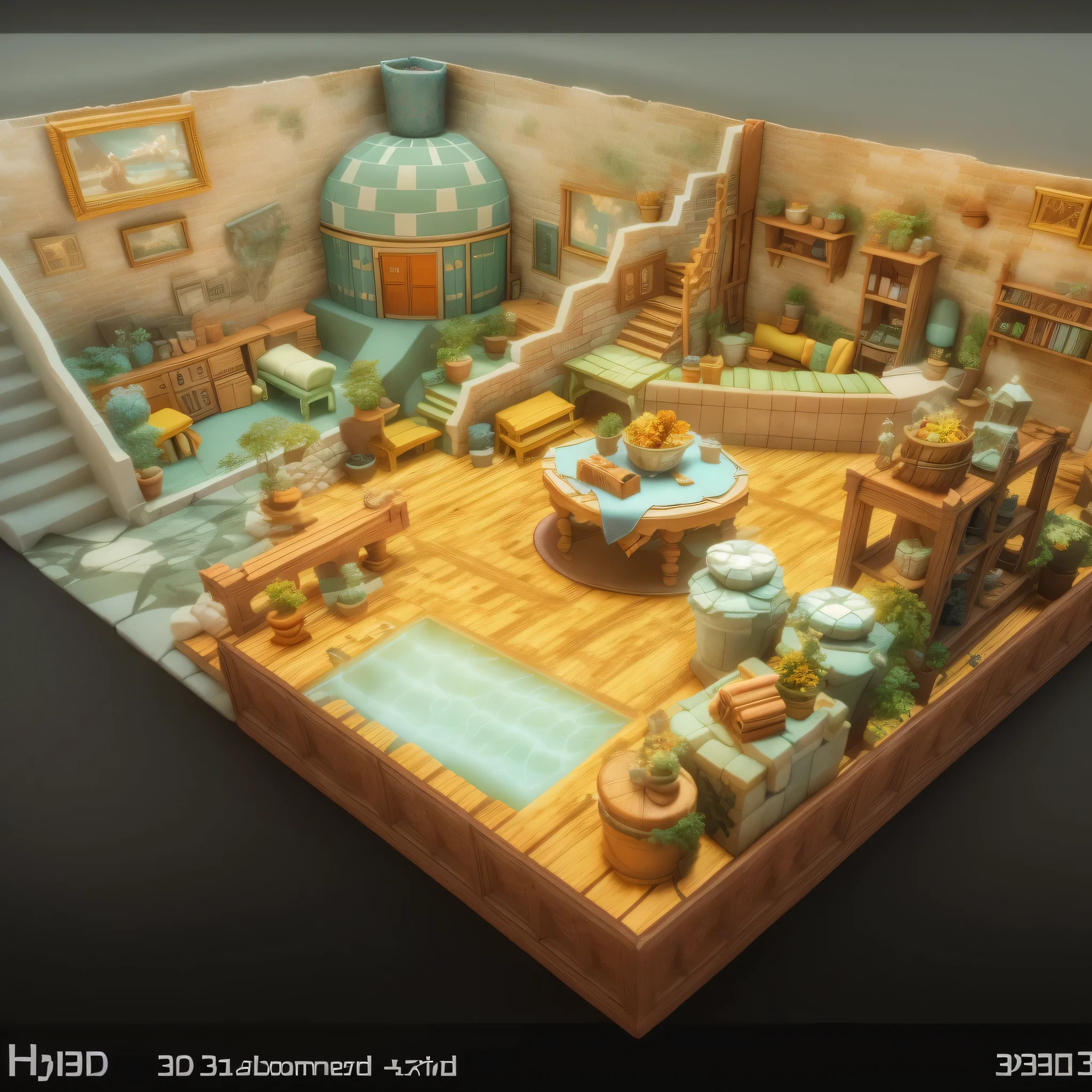 a close up of a model of a living room with a staircase, by senior environment artist, a multidimensional cozy tavern, stylized 3d render, 3d environment, 3 d render stylized, 3 d stylize scene, 3 d game art, 3d game art, 3 d videogame render, inspired by senior environment artist, stylized 3 d