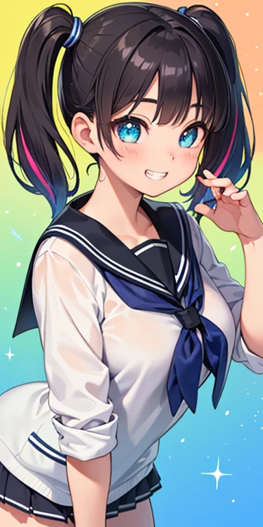 baby face, (colorful fluorescence multicolored hair:1.5,short twintails:1.5,messy hair), (masterpiece, sidelights, exquisite beautiful eyes: 1.5), masterpiece*portrait, realistic, {(Colorful splash background of different colors:1.5)},colorful,3D face,(cute face),front view: 1.6、 (glowing blue eyes:1.2),plump face:1.5,(tareme:1.5)、(grin:1.2),Rosy Mouth,Slim Body, shiny hair, shiny skin: 1.5、medium breasts,、solo,(stand)、(high school girl school uniform)、(charactor focus:1.5、portlate、cowboy shot),(sparkling particles:1.3)