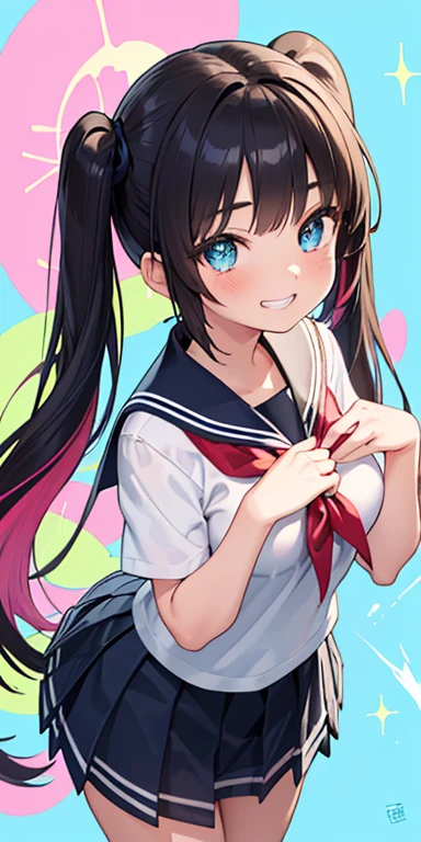 baby face, (colorful fluorescence multicolored hair:1.5,short twintails:1.5,messy hair), (masterpiece, sidelights, exquisite beautiful eyes: 1.5), masterpiece*portrait, realistic, {(Colorful splash background of different colors:1.5)},colorful,3D face,(cute face),front view: 1.6、 (glowing blue eyes:1.2),plump face:1.5,(tareme:1.5)、(grin:1.2),Rosy Mouth,Slim Body, shiny hair, shiny skin: 1.5、medium breasts,、solo,(stand)、(high school girl school uniform)、(charactor focus:1.5、portlate、cowboy shot),(sparkling particles:1.3)
