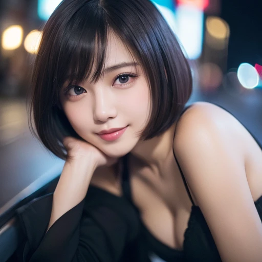 １people&#39;s women、Slender Beautiful Girl:1.3、bob cut、huge tit、doress、City of night、super detailed face、ultradetailed eyes、二重まぶた、smile、((8k、RAW photo、highest quality、masterpiece:1.2))、(real、フォトreal:1.37)