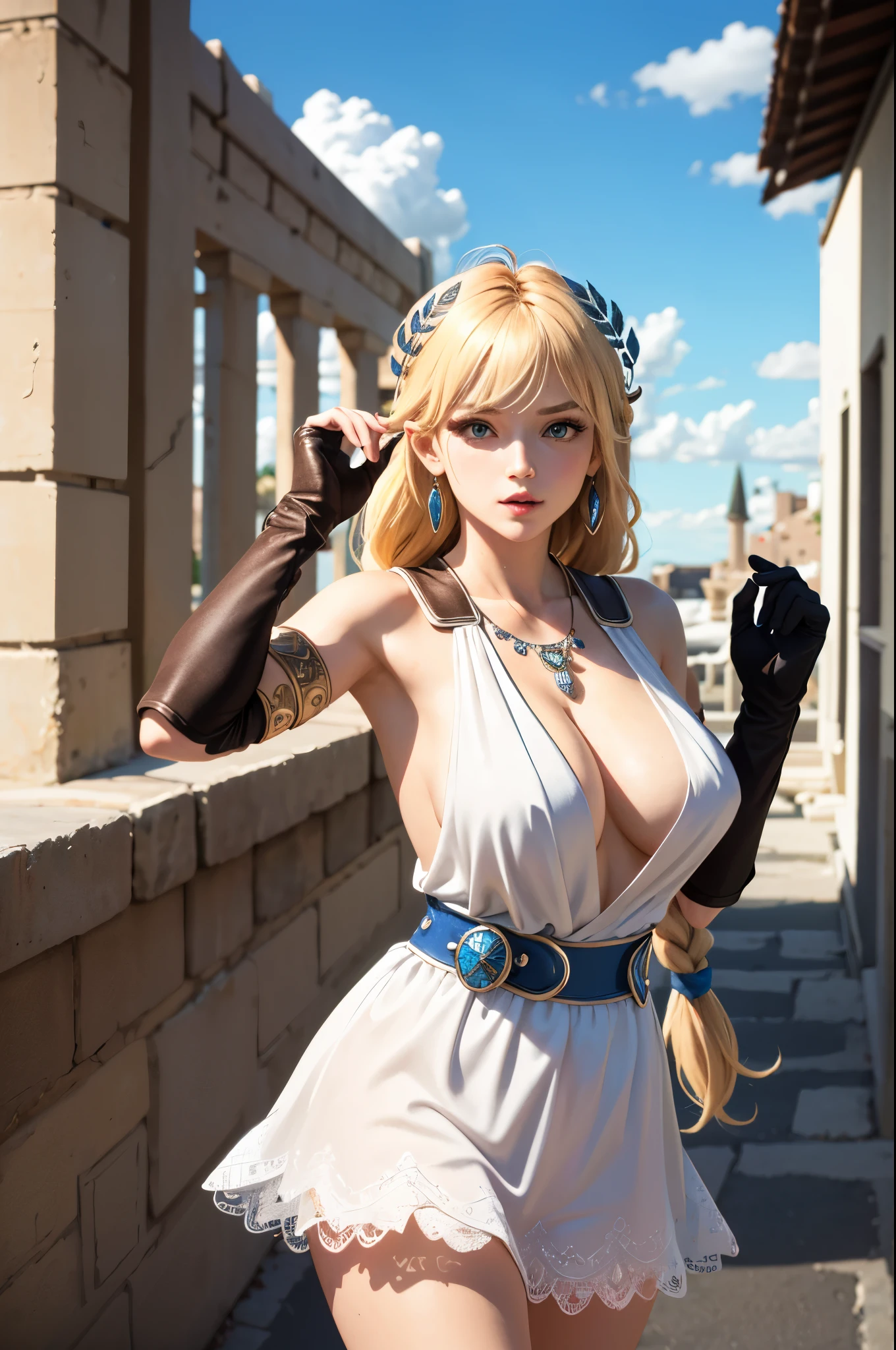 Armpit show,(masutepiece:1.4),(best quality:1.4),(disorganized:1.4),pin - up,	Sophitia_whiteone piece_Aiwife,	Sophitia_whiteone piece_Aiwife,blonde hair,Large breasts,long hair,braid,eyes are blue,Jewelry is,arms,cleavage,Sword,exterior,sheild,珰,single braid,one piece,Belt bag,See-through,coverd nippple,exteriored one piece,Big breasts that are about to burst,hair ornament,white one piece,holding arms,very long hair,new lips,bare shoulders,bangs,gloves,Hair Ribbon,necklace,Skirt,clavicle,Feathers,Revealing clothes,armlet,elbow gloves,greek clothes,braided ponytail,		(disorganized, High resolution, Unbelievably_disorganized:1.4),Scenery,masutepiece,