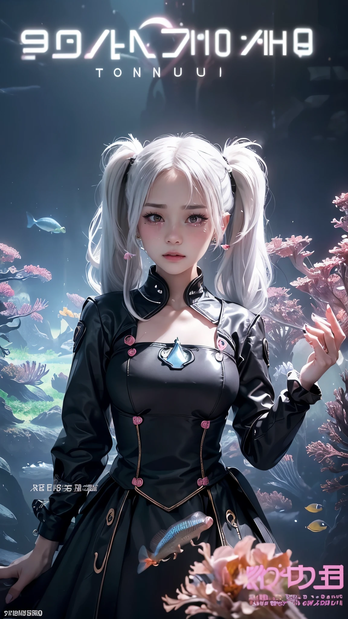 hair bobbles, wince, long eyelashes, solid circle eyes, light smile, ear blush, fang, (white hair), makeup, blush, sad, sad smile, drop shadow, anaglyph, atmospheric perspective, 8k, super detail, accurate, best quality, (cyberpunk), cinematic lighting, masterpiece,1girll, ((((short twintails)))), Colorful hair, flying, pink bows,((16-year-old female model)),( Stand Neck long sleeve black jacket), mecha, ((dress)), (((((aquarium)))))), (angel halo), ( wings), (((wide shot))), ((((text)))), (cover), bold, attention-grabbing, ((title)), stylish, (((font))), panorama, bottom shot, tile from below, title from side, title in middle, (((((magazine cover layout))))), (((( princess costume )))), (( girl holding a glowing flower))