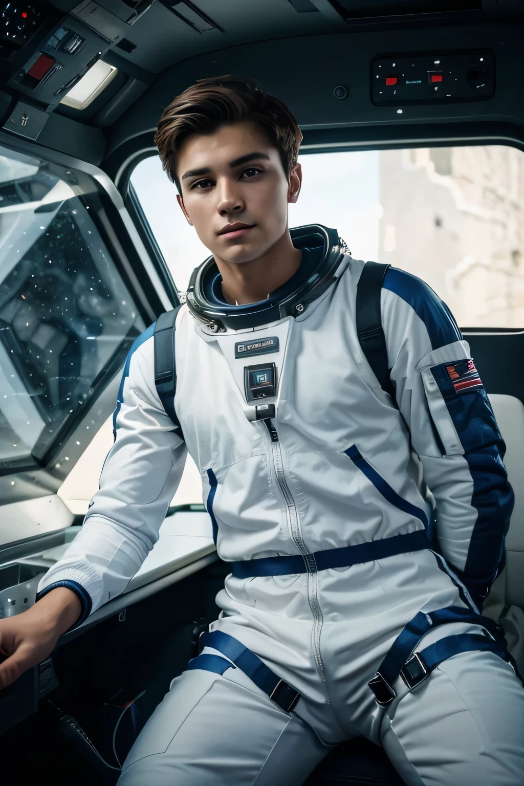 (best quality, 4k, highres), handsome boy, 20 years old, fair boy, [space suit], [sitting in spaceship], detailed eyes