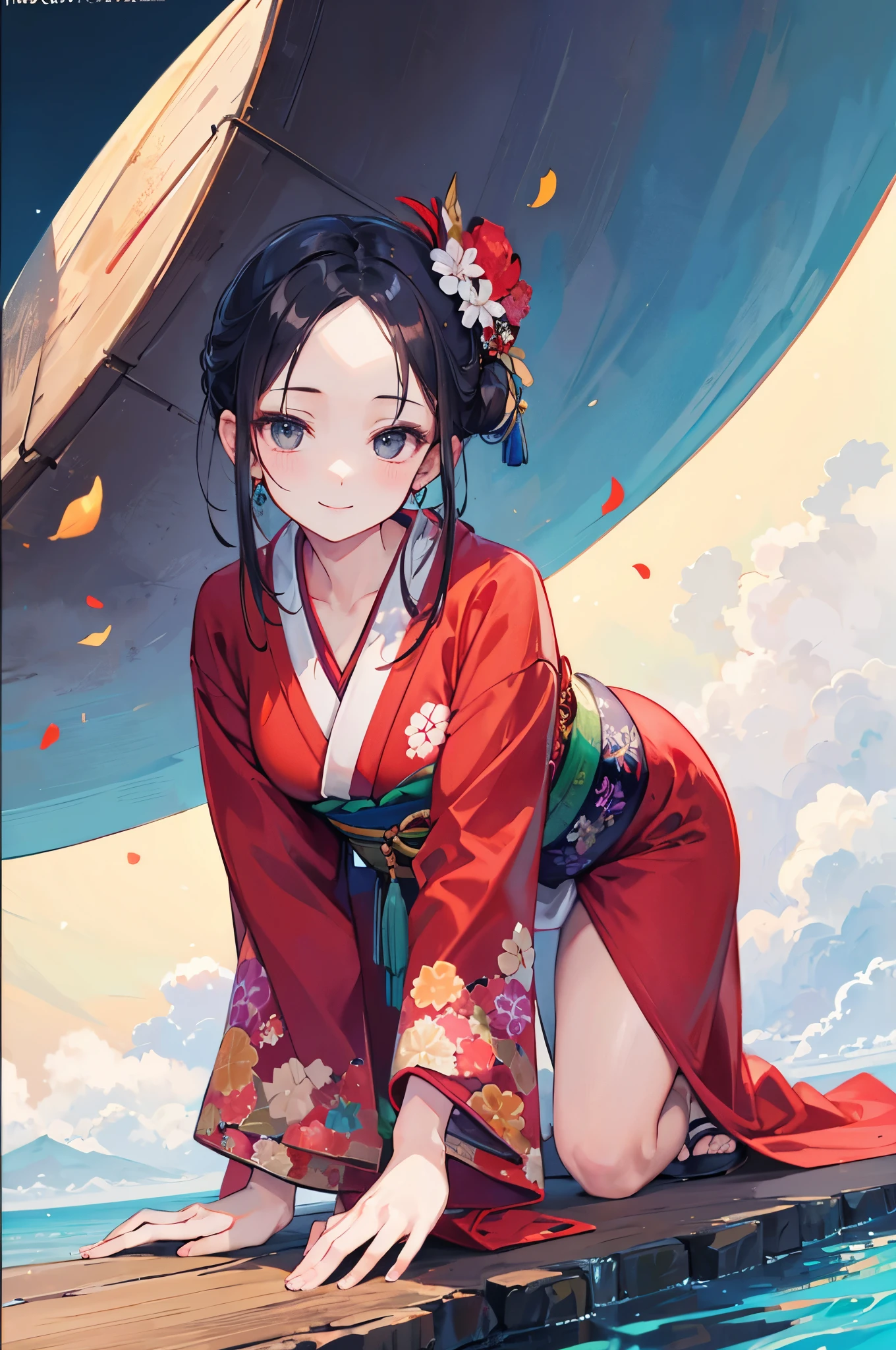 (best quality,4k,high-resolution,masterpiece:1.2). woman. kimono. all fours. forehead. chignon.smile