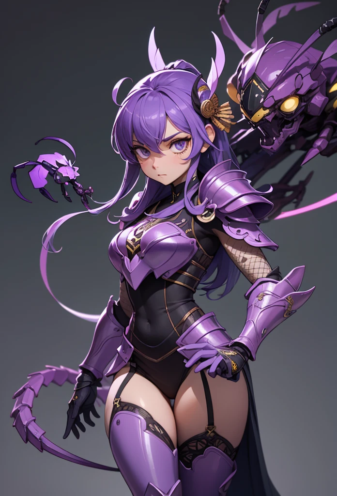 (Perfect Masterpiece), all detailed, high resolution, ((Write the word: "Bosstercore" in a logo at bottom)). Armor from Berserk references, gantz reference. Sexy mecha girl with round tits, niples, sexy body. big sword in one hand. Blue eyes, full body, sexy pose. Round ass, slim waist, camel toe, big tits, purple and black details