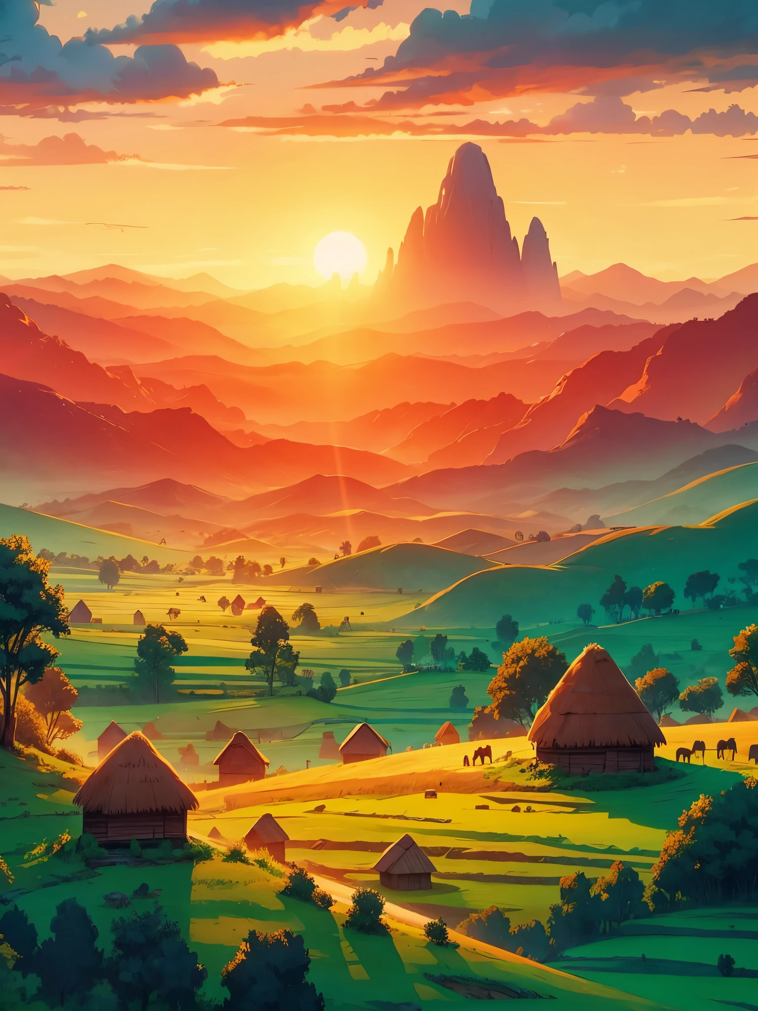 Draw a digital anime aerial simple art scene of Ethiopian sunset, a vast landscape unfolds, blending lush green fields with majestic mountains. Traditional huts dot the scene, as the fading sun bathes the panorama in warm hues, no humans and cattle, vibrant color tones