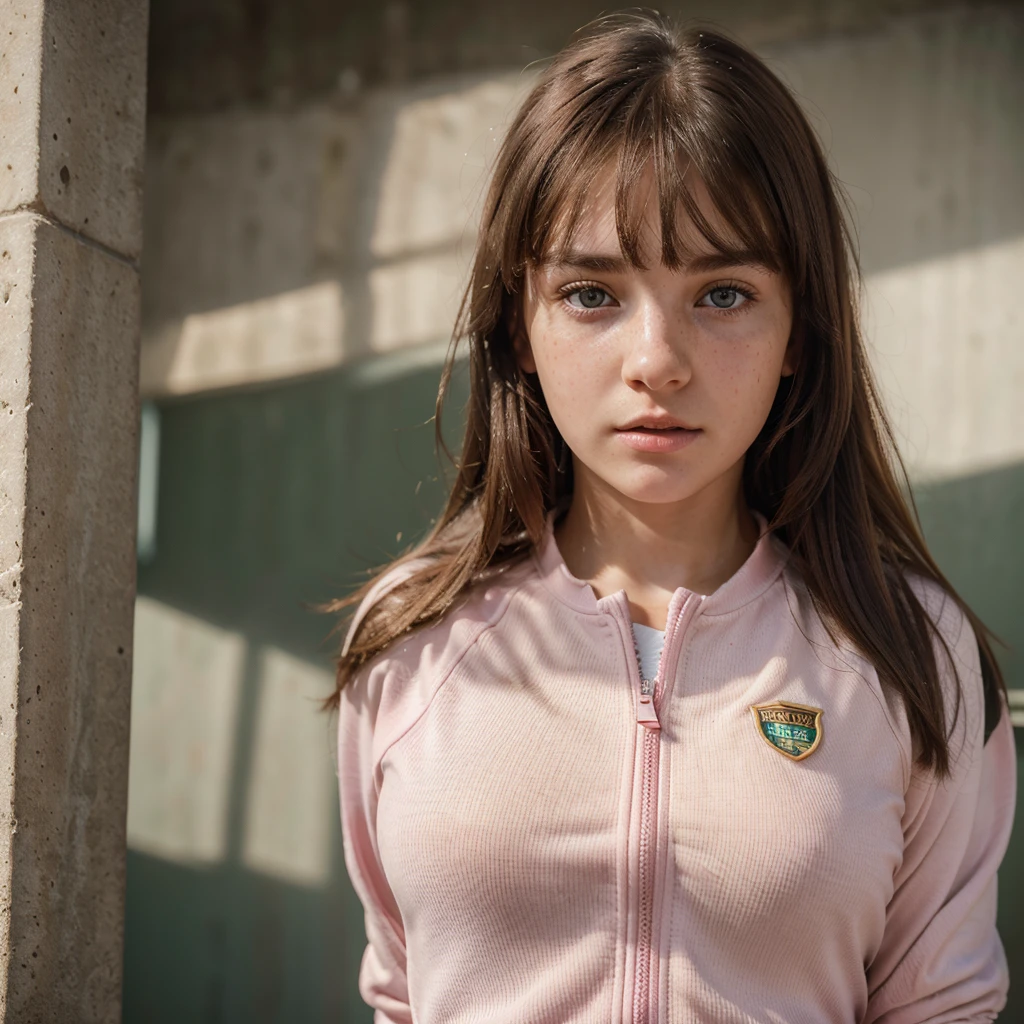 1girl, cute brunette girl, hair bangs, pink sport suit, green eyes, ultra realistic soft skin, extreme detail, high masterpiece, 8k, photography, studio light, ultra realistic lighting, high realistic ray tracing, RAW photo, photo studio, perfect detailed cute face, perfect age details, school corridor, freckles