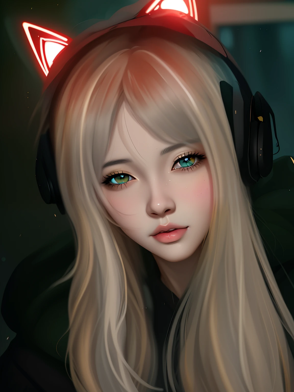 garota anime com fones de ouvido e olhos brilhantes com olhos vermelhos, estilo de arte de anime realista, obras de arte no estilo de guweiz, [ arte digital 4k ]!!, Digital anime illustration, estilo de arte realista, com olhos vermelhos brilhantes, estilo anime 4 k, retrato realista kawaii, estilo anime. 8k, estilo de realismo de anime, arte digital de anime, com olhos vermelhos brilhantes