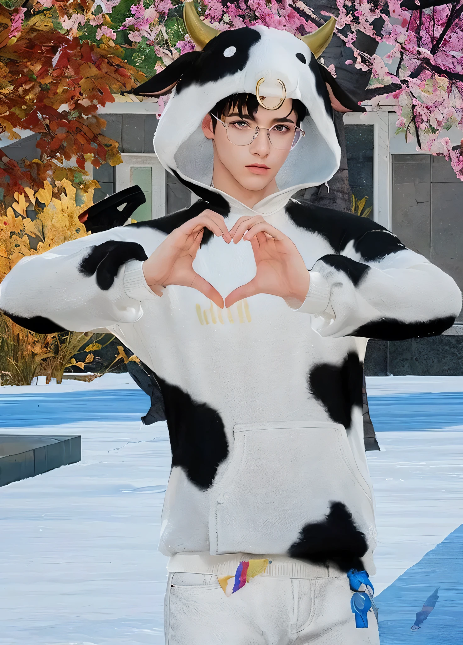 a young man araffe in a cow costume, a heart with his hands, stunningly beautiful, wearing a cow costume, round glasses with silver frame, (top-quality, 8K, 32K, ​masterpiece, nffsw:1.3), A high resolution, (Photorealsitic:1.4), Raw photography, Detailed face, Beautiful curtain black hair, ((young man style)), white trousers with a colorful belt, Natural makeup, Perfect Lighting, depth of fields, Beautiful shadow gradient,