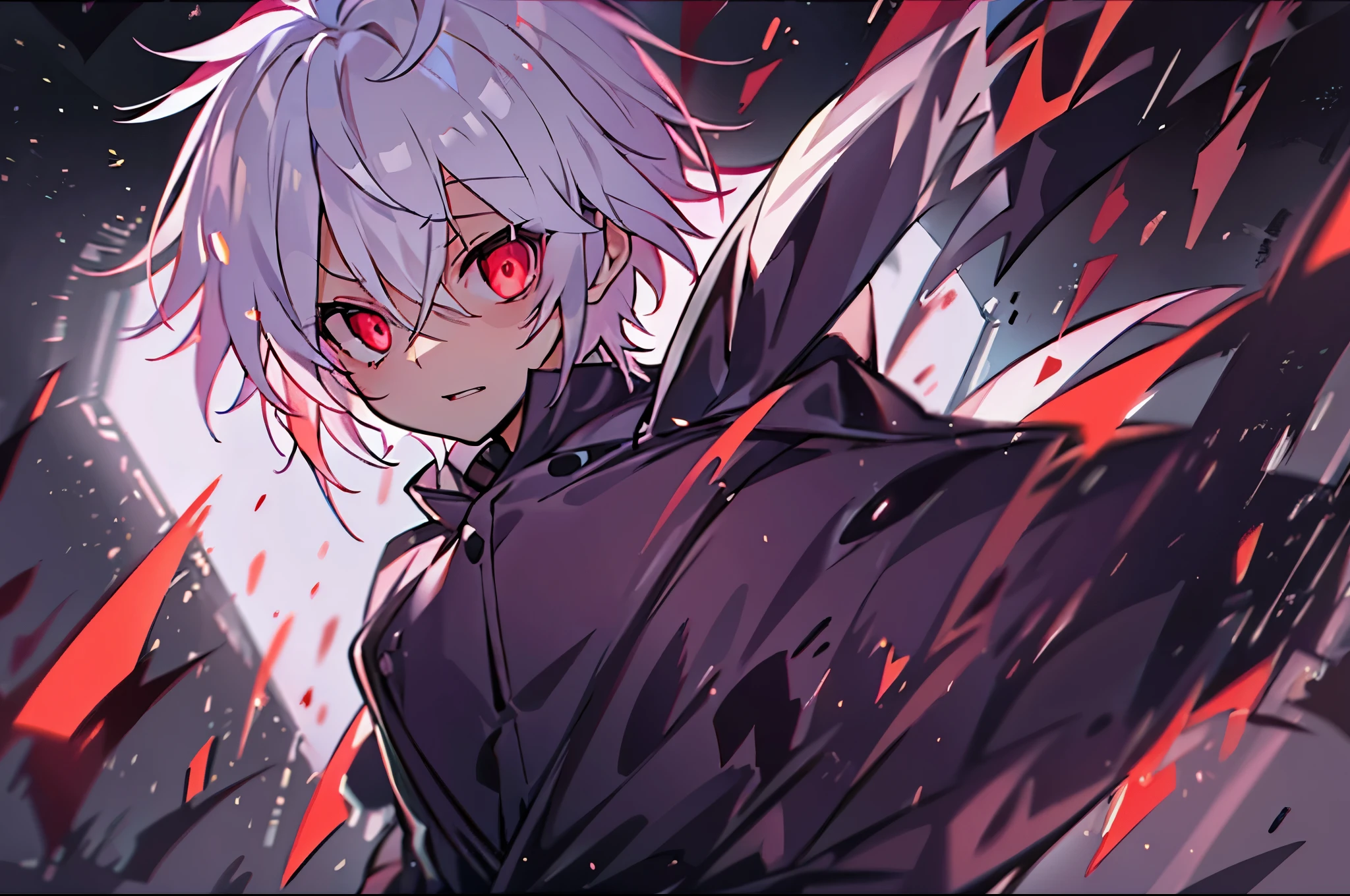 High resolution,close range、Anime boy with white hair and red eyes staring at camera, Glowing red eyes,slim, dressed in a black outfit,Shadow Body,colorful background,messy hair,yameroyandere, Diagonal angle