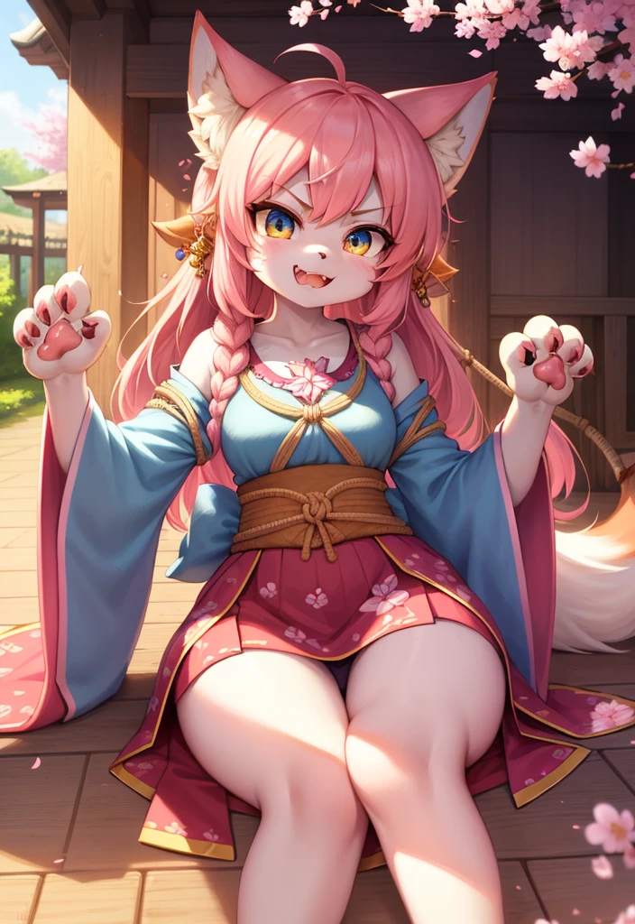 hairy, pink fur, super cute face, Luminous T-shirt, beautiful light and shadow, ambient light, Super fine fur, Volumetric light, fox, middlebreast, priestess, rope, detailed clothing, japanese clothes, smiley face, fangs, fox狸, blue mark, many tails, monster, blue aura, 大paw, large paw, angry, angel wings, paw, 大paw, angry, Eye, pink, angel halo, young, short,Cherry blossoms