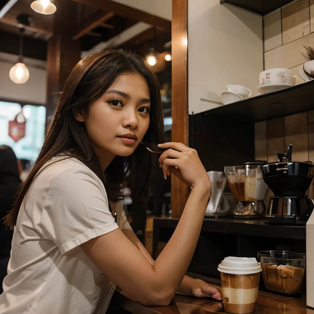 A malay women sit inside the coffe shop