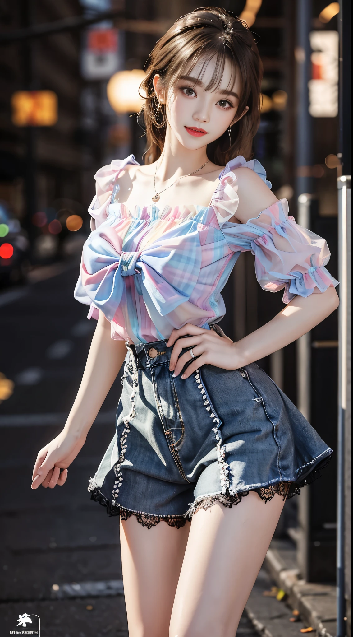 Sweet girl clothes7,skirt, best quality, masterpiece, 1 girl, beautiful face, (照片lifelike:1.3), edge lighting, (High detail skin:1.2), 8K UHD, digital SLR camera, high quality, high resolution, 4k, 8k, Bokeh, absurderes, Optimal proportions of four fingers and one thumb, (lifelike:1.3), Cute 1girl, slim toned body, slender leg, A plump chest