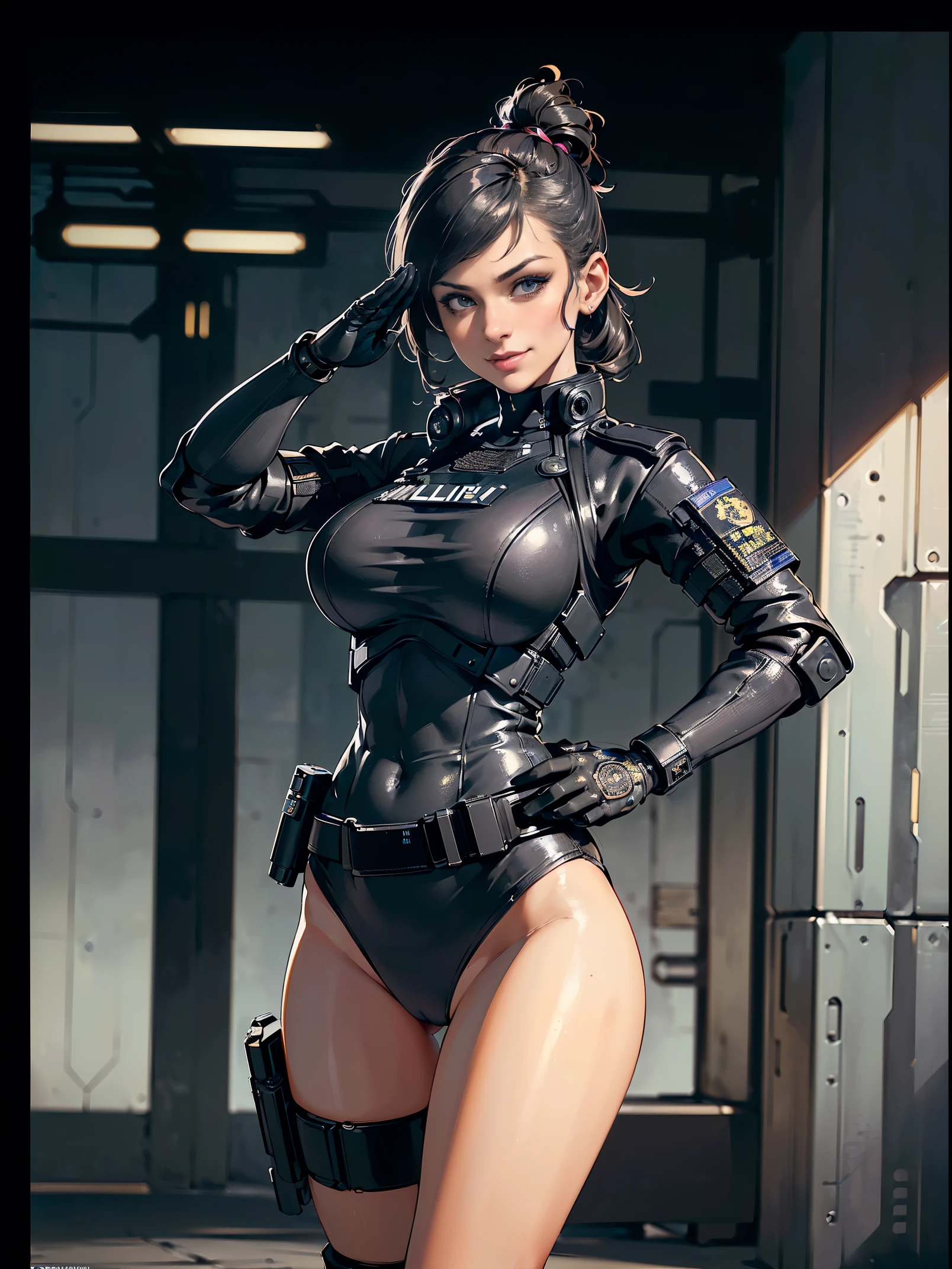 ((masterpiece,highest quality,8K,Super detailed,high resolution,High resolution)),A female police officer stands in front of the police station.,(looking at me:1.5),(saluting with one hand:1.5),(smile:1.0),(near future:1,5),(cyber punk:1.1),(wearing tactical equipment:1.5),(Detailed background drawing:1.4),(Detailed figure drawing:1.4)