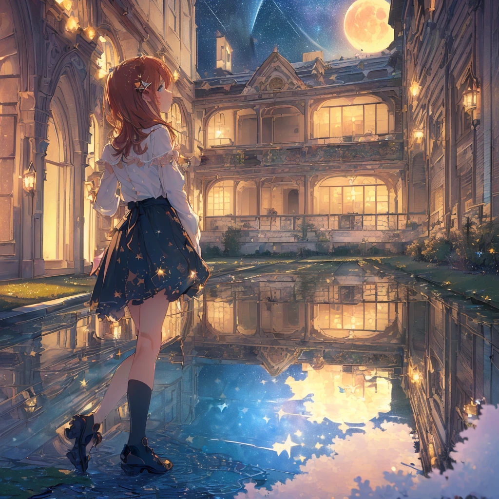 (((best, highest quality)) (((( masterpiece))), (((highest quality))), (((super detailed))), (very delicate and beautiful)), girl looking up at the sky, light like in a movie, (((water pooling in an old building and reflecting starry sky))), Milky Way, (rusty sign)), ruins, hanging ivy, summer, moon, cherry blossom,