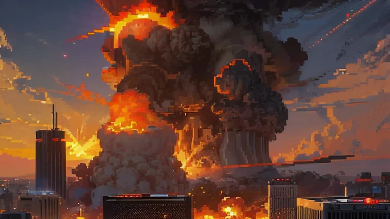 (pixel art:1.5), (cg), (wallpaper game), (game cg), (design cg), (Nuke:1.5), Destroying metropolis, (Nuclear explosion:1.5)