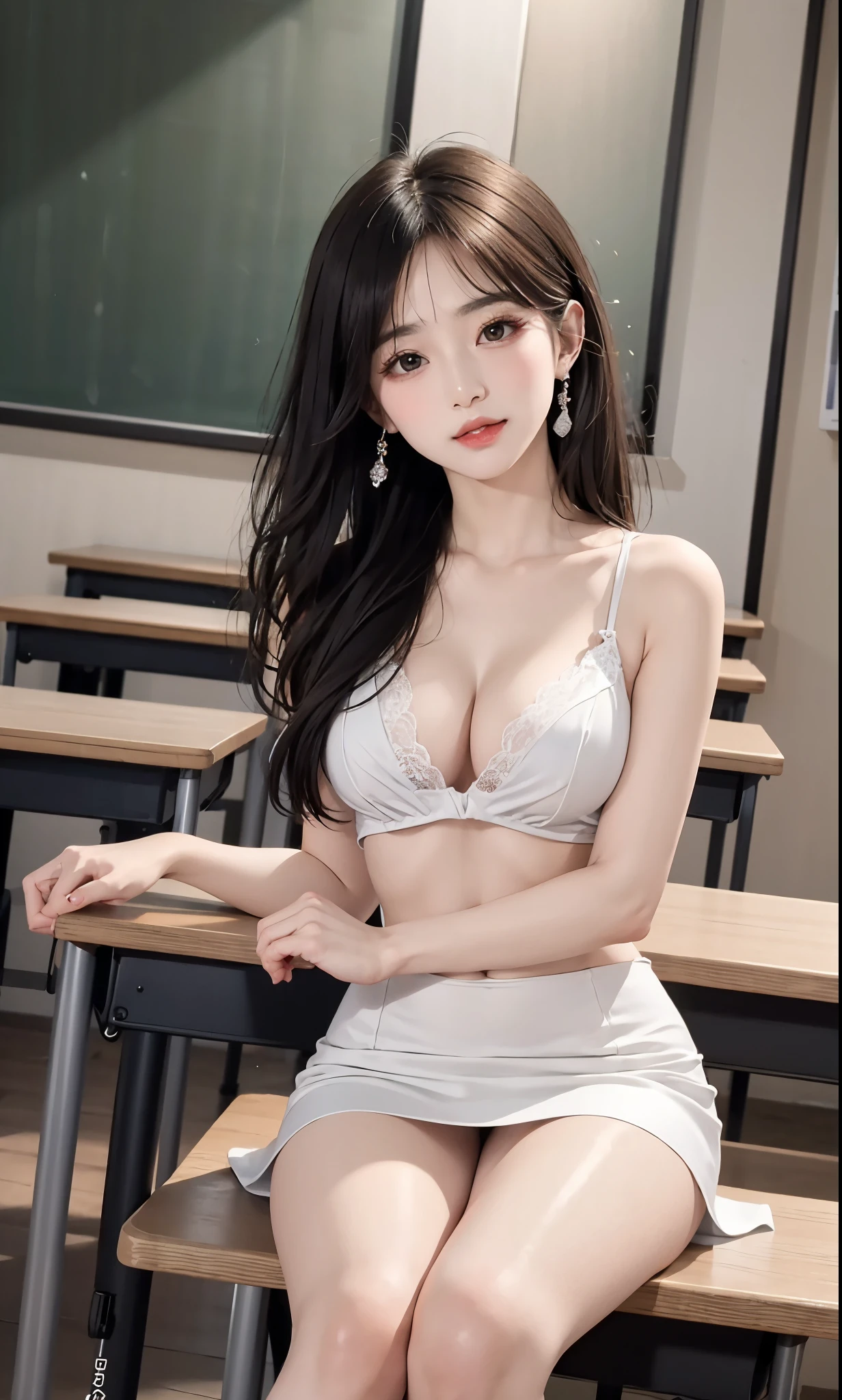 Special clothes44,lace trim,midriff,shirt,miniskirt, (knee shot), (8K, RAW photogr, lifelike:1.25),(inside a classroom, sitting on desk), a warm color palette, Color saturation, ( Gloss on lips, eyelash, Grossas, shiny skin, best quality, ultra high definition, depth of field, Color difference, Caustics, Extensive lighting, natural shadow, K-pop idol) Looking at the audience with calmness and goddess-like happiness,