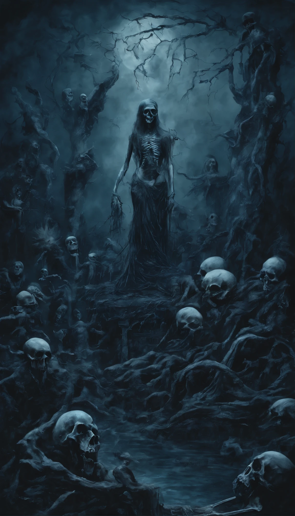 (nighttime scene),Blue tones of horror under the sea, haunted, dead body, skulls, Images depicting hell, Necrotic bacteria, Image style painting, Realistic, Shadows, Mermaid HD, High quality, Cinematic