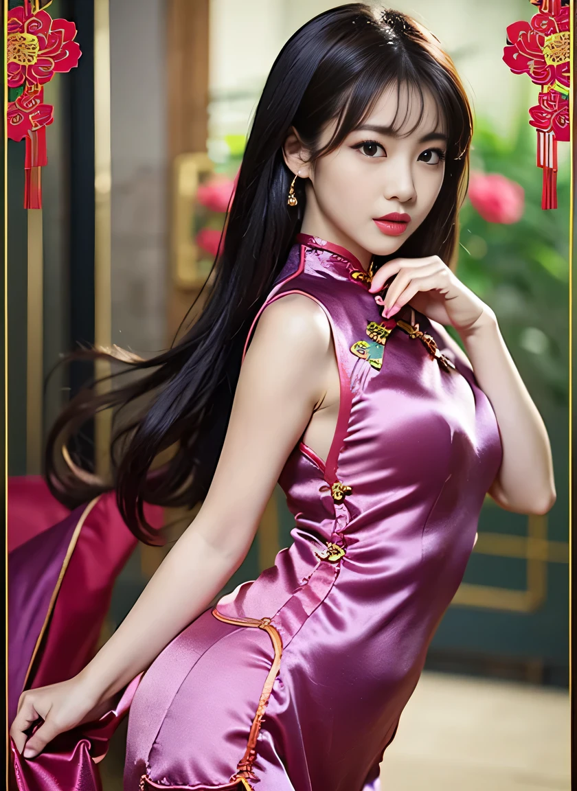 One Chinese Woman、Chinese Garden、(She is wearing a super shiny silk satin cheongsam.:1.8)、(Provocative facial expressions), (Sleeveless Chinese long dress that fits the body:1.8)、 Anatomically correct proportions, 8K, RAW shot, Best High Quality, ​masterpiece, realphoto, (portlate:1.5), 18-year-old Chinese beauty, beautiful hairl、(Beautiful woman with slender figure:1.5)、(medium udder:1.5)、(She wears a super shiny cheongsam with traditional colors and patterns.:1.5)、(Nipple shadow:1.5), (Angle from the side:1.5), (Arms should be lowered)