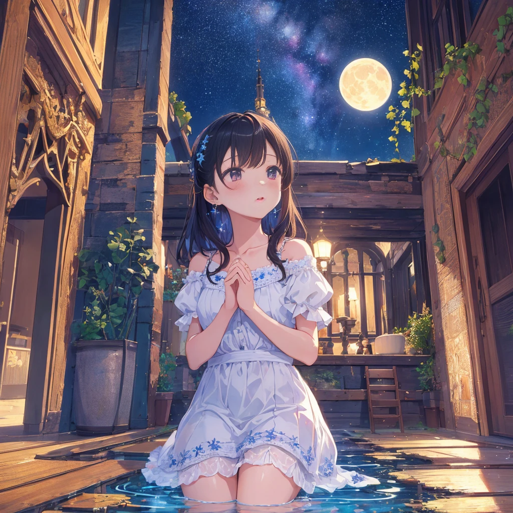 (((masterpiece, highest quality))), (((highest quality))), (((ultra-detailed))), (very delicate and beautiful)), girl praying looking up at the sky, light like in a movie, (((water pooling in an old building, reflecting starry sky))), Milky Way, (fantastic)), hanging ivy, summer, moon