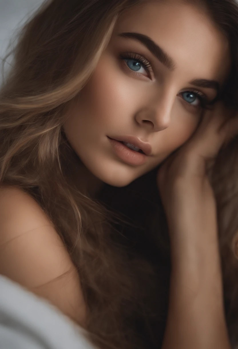 Arafed woman completely , fille sexy aux yeux bleus, ultra realist, Meticulously detailed, Portrait Sophie Mudd, cheveux blonds et grands yeux, selfie of a young woman, Yeux de chambre, Violet Myers, sans maquillage, maquillage naturel, looking straight at camera, Visage avec Artgram, Maquillage subtil, Great photo of the whole body kneeling on the bed, dans la chambre, Medium to large bust