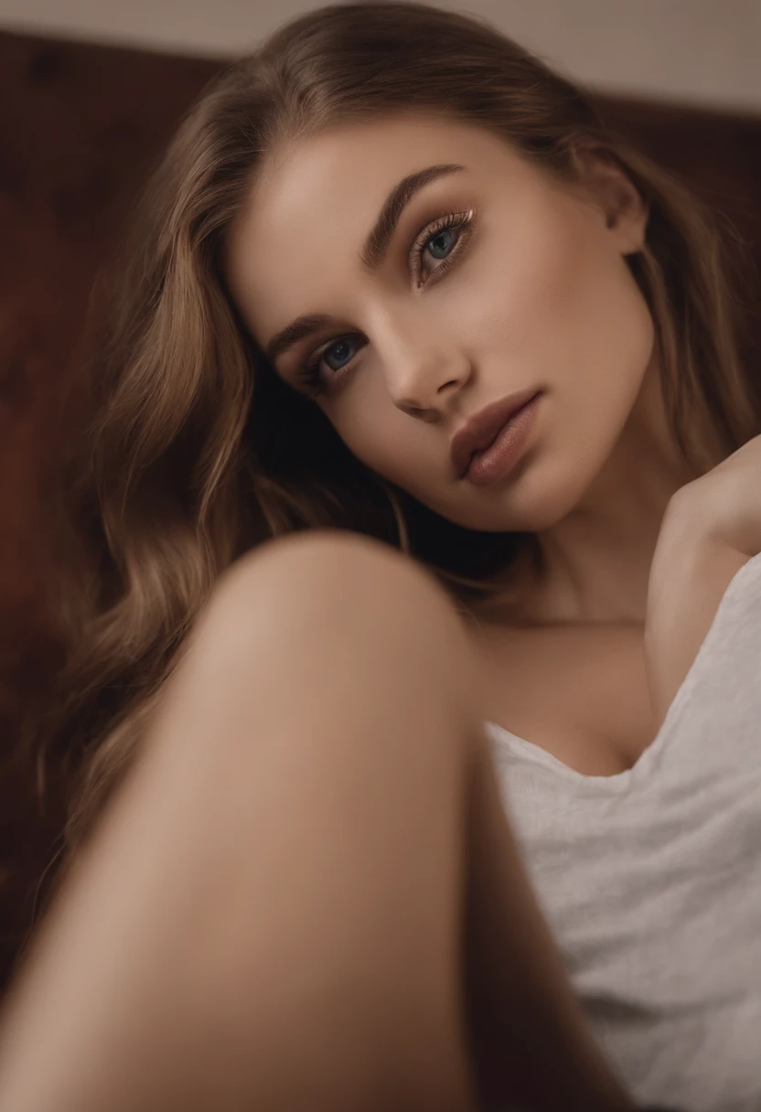 Arafed woman completely , fille sexy aux yeux bleus, ultra realist, Meticulously detailed, Portrait Sophie Mudd, cheveux blonds et grands yeux, selfie of a young woman, Yeux de chambre, Violet Myers, sans maquillage, maquillage naturel, looking straight at camera, Visage avec Artgram, Maquillage subtil, Great photo of the whole body kneeling on the bed, dans la chambre, Medium to large bust