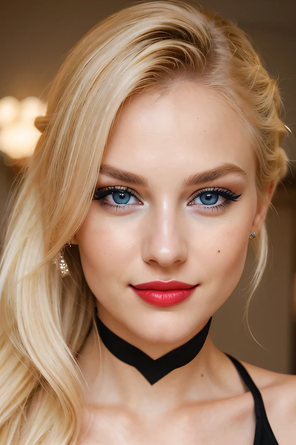 an eye contact of a blond, blue eyes and georgous lipps, looking sexy, horny, dezent make up, beautiful hair, smiling, showing teeth, brown strikes in hair, dezent red lips, pony tail