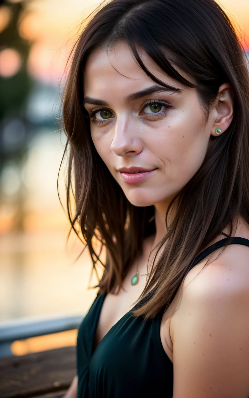 cute beautiful brunette wearing (black) summer dress (sitting on wooden bench at sunset), very detailed, 40 years old, flirty face, messy long hair, brown eyes, high-res, masterpiece, best quality,intricate details, highly detailed,sharp focus, detailed skin,realistic skin texture,texture, detailed eyes, professional, 4k, smile, shot on Canon, 85mm,shallow depth of field,kodak vision color, green eyeshadow, extremely detailed, photo_\(ultra\), photorealistic, realistic, post-processing, max detail, roughness, real life, ultra realistic, photorealism, photography, 8k uhd, photography, braless, pokies