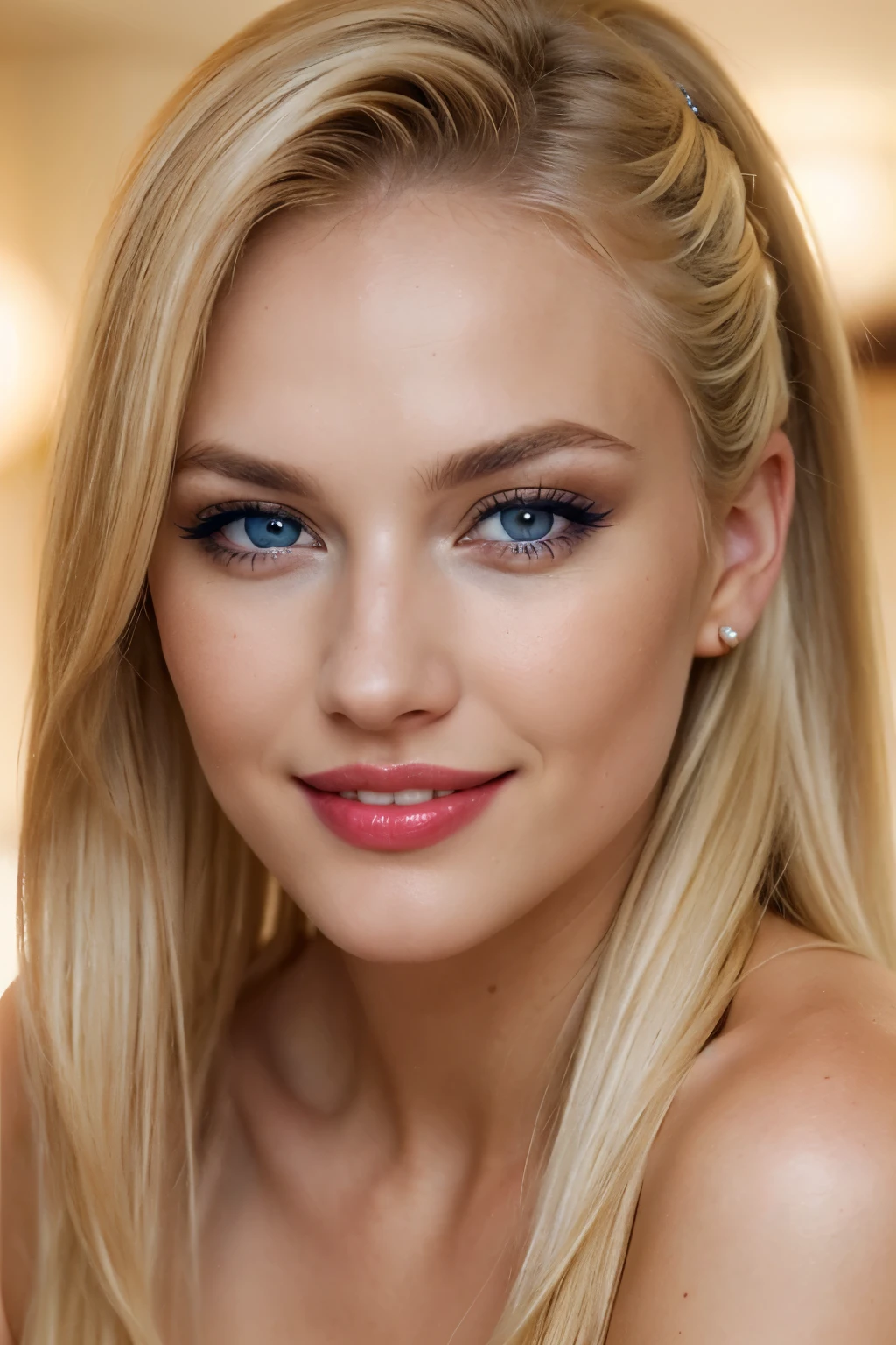 an eye contact of a blond, blue eyes and georgous lipps, looking sexy, horny, dezent make up, beautiful hair, smiling, showing teeth, brown strikes in hair, dezent red lips, pony tail