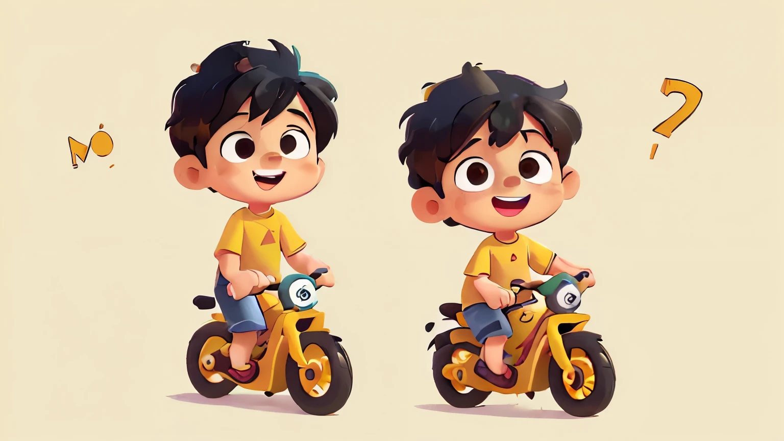A cute name Mariane Benno, 3 year olds, short black hair, wearing a yellow shirt, red shorts, excited expression character sheet, in the style of simple Cartoonish illustrations, riding a bike.