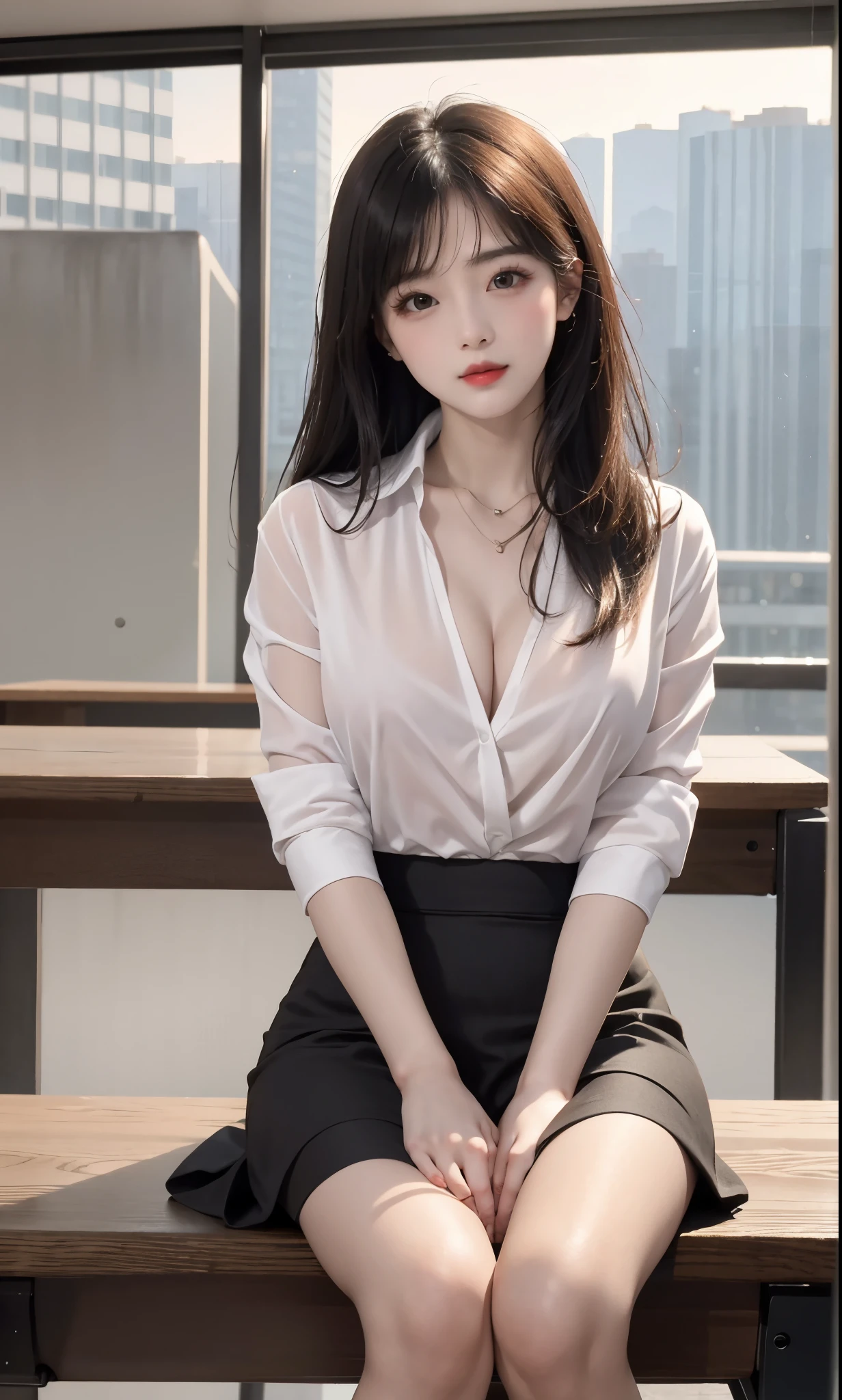 blouse,mini skirt, mini shirt,navel,  (knee shot), (8K, RAW photogr, lifelike:1.25),(inside a classroom, sitting on desk), a warm color palette, Color saturation, ( Gloss on lips, eyelash, Grossas, shiny skin, best quality, ultra high definition, depth of field, Color difference, Caustics, Extensive lighting, natural shadow, K-pop idol) Looking at the audience with calmness and goddess-like happiness,