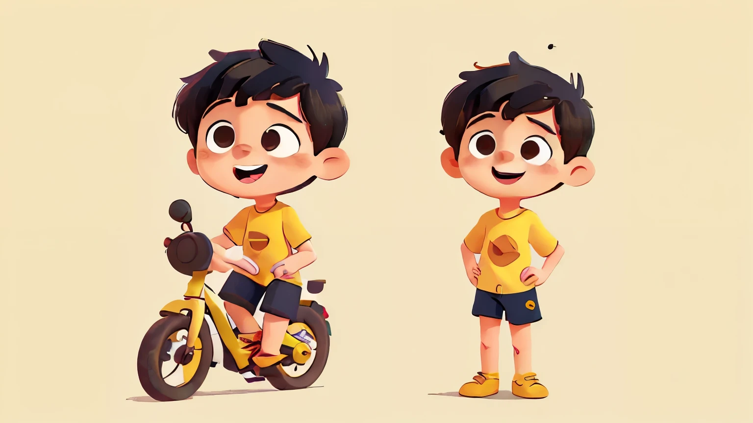 A cute boy name Mariane Benno, 3 year ot black hair, wearing a yellow shirt, red shorts, excited expression character sheet, in the style of simple Cartoonish illustrations, riding a bike.