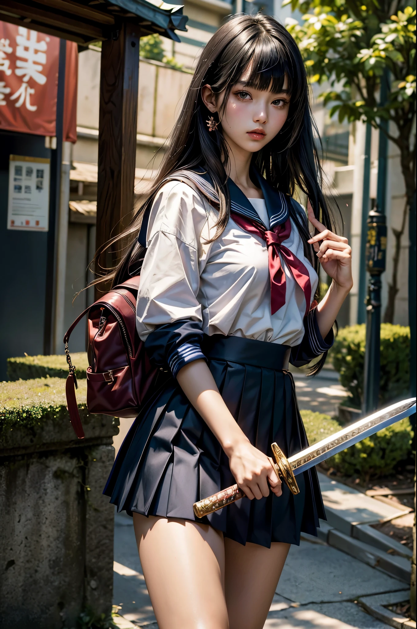 (masterpiece, top quality, best quality, official art, beautiful and aesthetic), extreme detailed,colorful,highest detailed,(1girl,solo),18-year-old beauty、Japanese、black hair,long hair,blunt bangs,black eyes,skinny,(slender body,small breasts),(School uniform、sailor suit、Pleated miniskirt、Japan holding a sword in your hand、precisely drawn sword、
