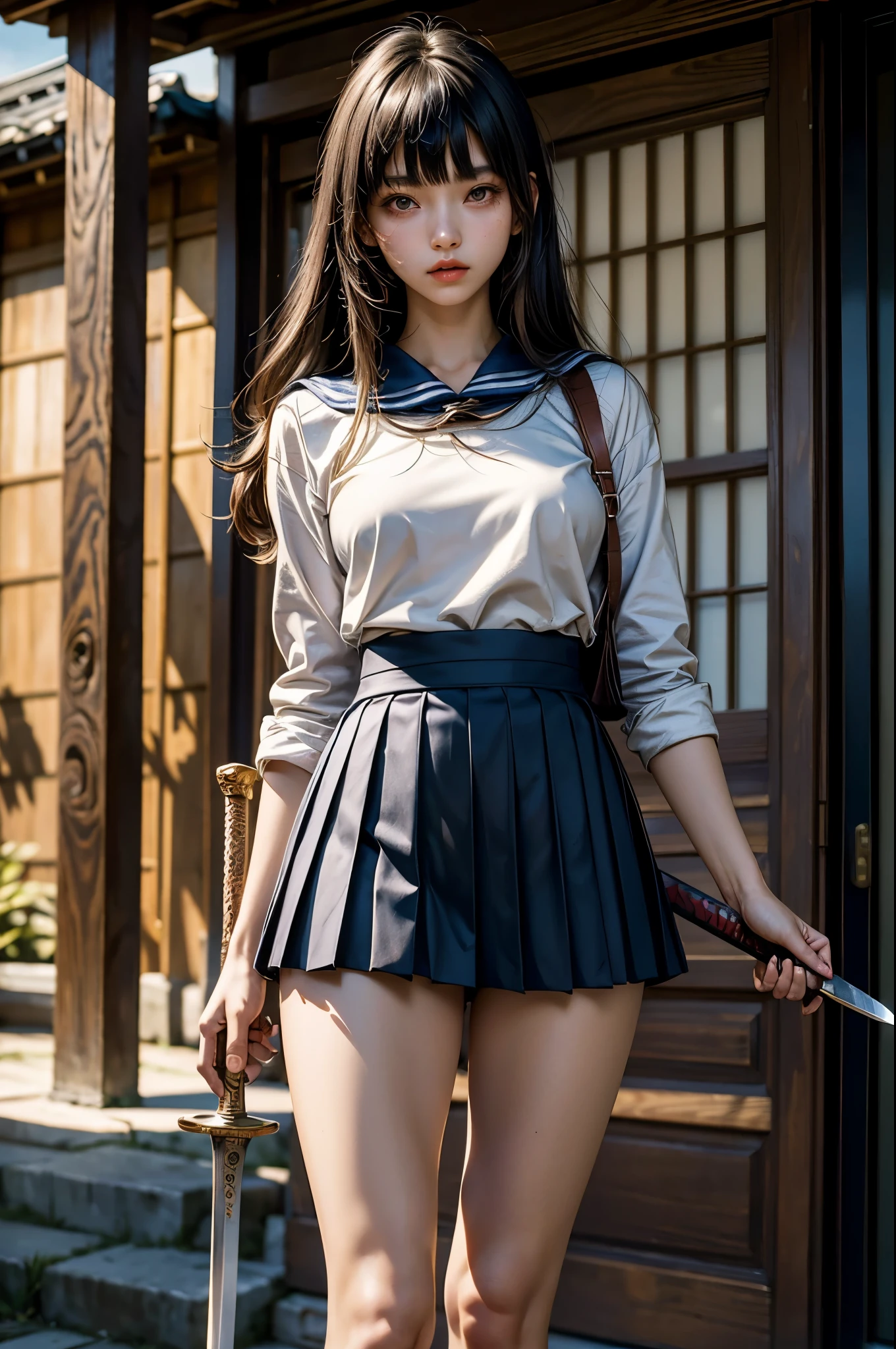 (masterpiece, top quality, best quality, official art, beautiful and aesthetic), extreme detailed,colorful,highest detailed,(1girl,solo),18-year-old beauty、Japanese、black hair,long hair,blunt bangs,black eyes,skinny,(slender body,small breasts),(School uniform、sailor suit、Pleated miniskirt、Japan holding a sword in your hand、precisely drawn sword、