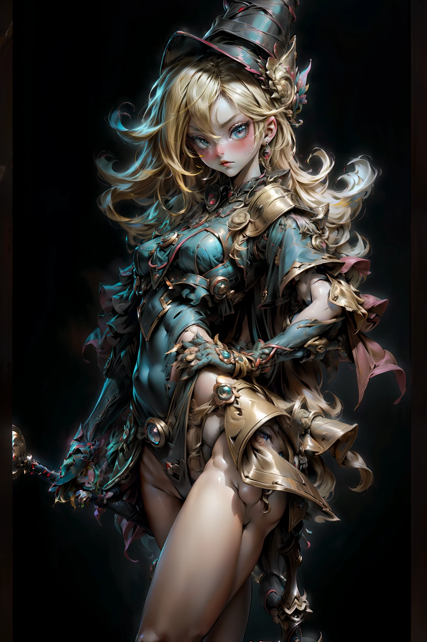(8k,fotorrealista Raw photography highest qualityr;1.4) (1chica en) super beauty (cara realista) cuerpo femenino (Rubia de rizos largos) Hold a black and red magic wand Escena de combate Magic hat with black and gold exterior Beautiful expression Deslumbramiento (Piel de aspecto real) (Giles magos oscuros) Tentador Super high resolution Un hiperrealista Alto detalle foto de cuerpo completo restos