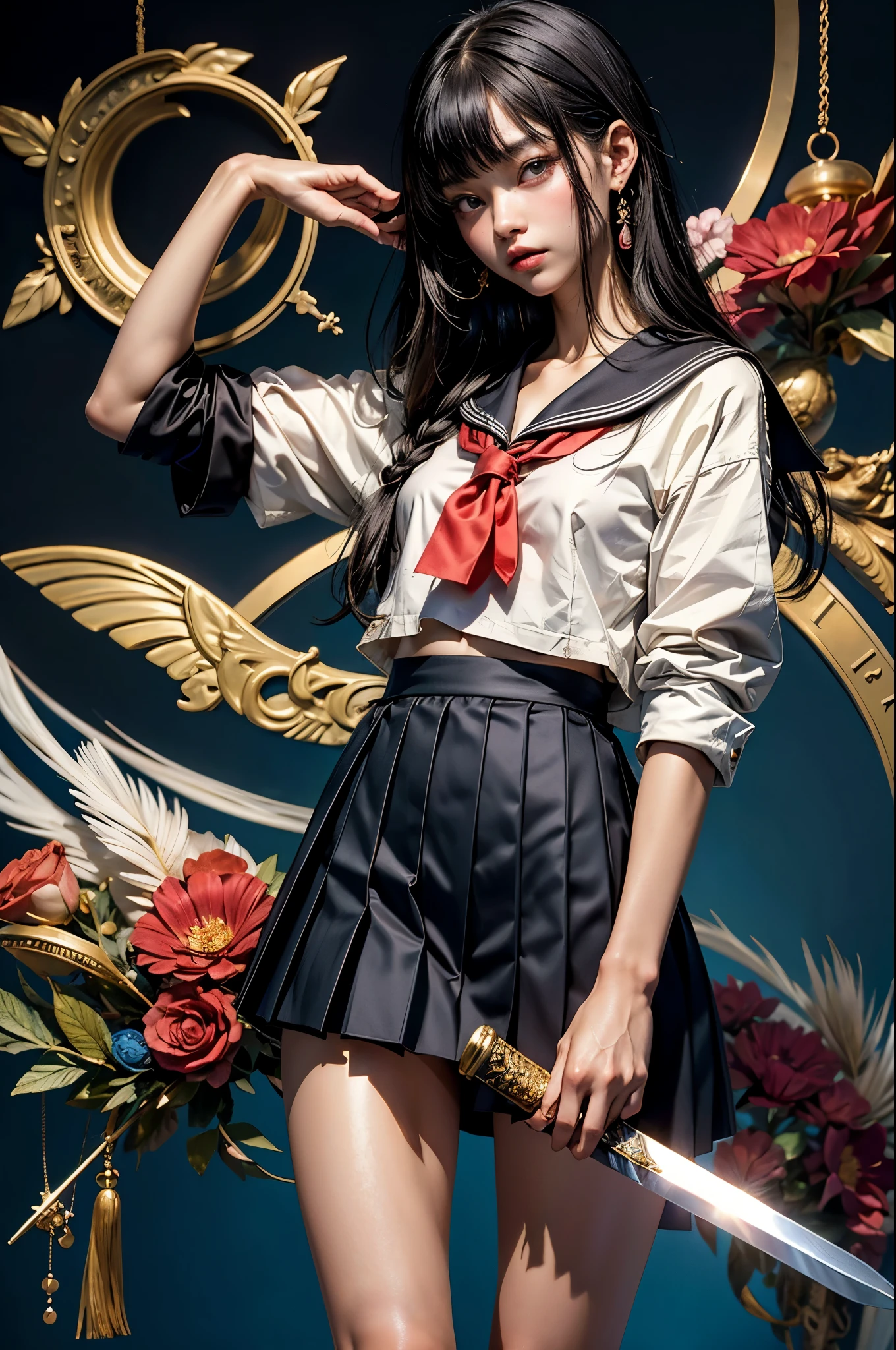 (masterpiece, top quality, best quality, official art, beautiful and aesthetic), extreme detailed,colorful,highest detailed,(1girl,solo),18-year-old beauty、Japanese、black hair,long hair,blunt bangs,black eyes,skinny,(slender body,small breasts),(School uniform、sailor suit、Pleated miniskirt),Fighting figure:1.4、Japan holding a sword in your hand、precisely drawn sword、