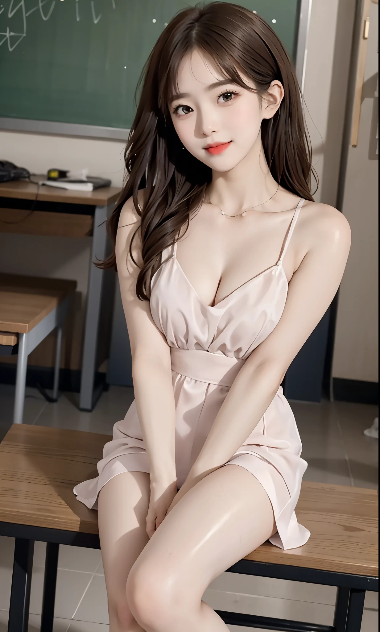 Sweet girl dress2,dress, (knee shot), (8K, RAW photogr, lifelike:1.25),(inside a classroom, sitting on desk), a warm color palette, Color saturation, ( Gloss on lips, eyelash, Grossas, shiny skin, best quality, ultra high definition, depth of field, Color difference, Caustics, Extensive lighting, natural shadow, K-pop idol) Looking at the audience with calmness and goddess-like happiness,