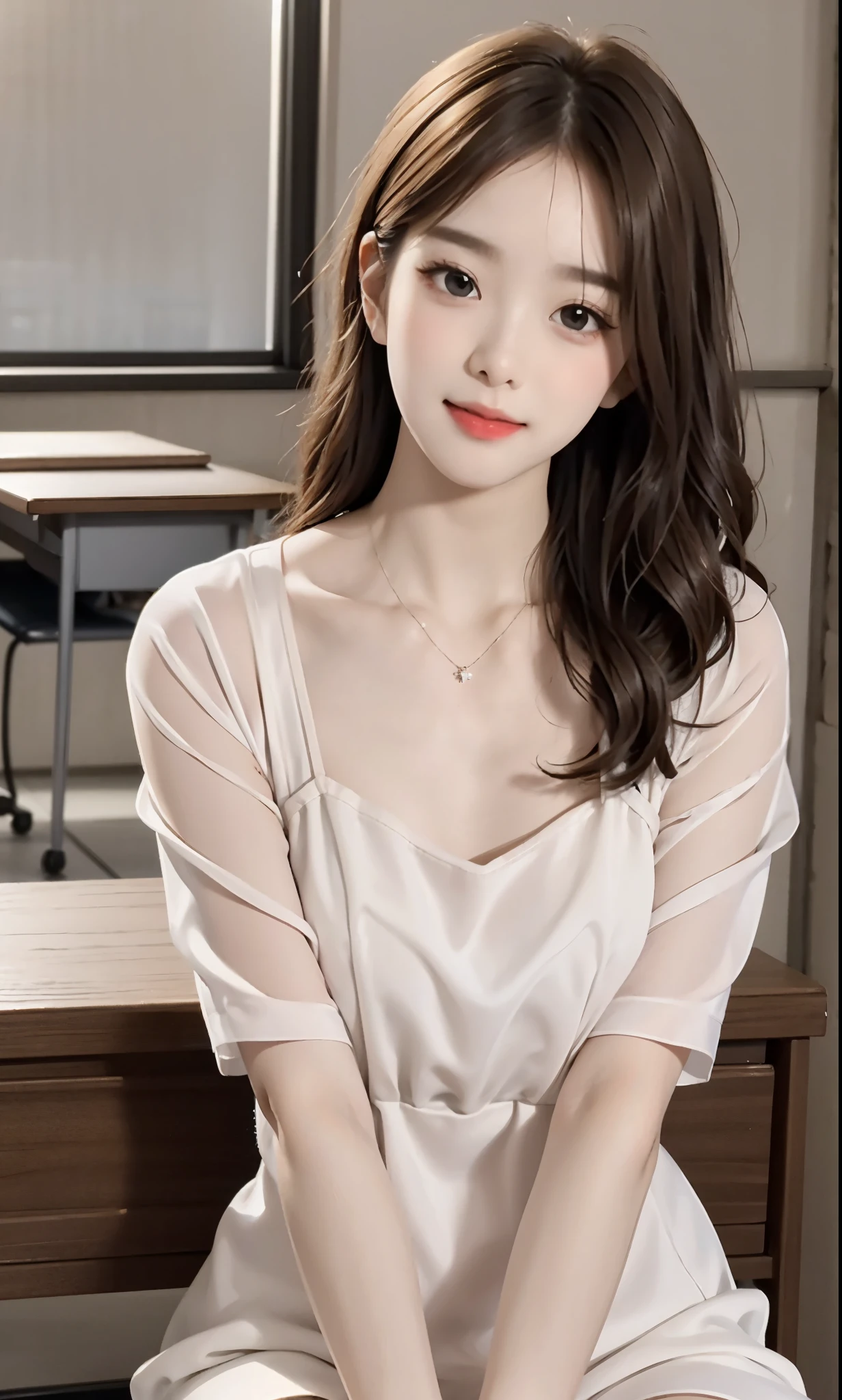 Sweet girl dress2,dress, (knee shot), (8K, RAW photogr, lifelike:1.25),(inside a classroom, sitting on desk), a warm color palette, Color saturation, ( Gloss on lips, eyelash, Grossas, shiny skin, best quality, ultra high definition, depth of field, Color difference, Caustics, Extensive lighting, natural shadow, K-pop idol) Looking at the audience with calmness and goddess-like happiness,