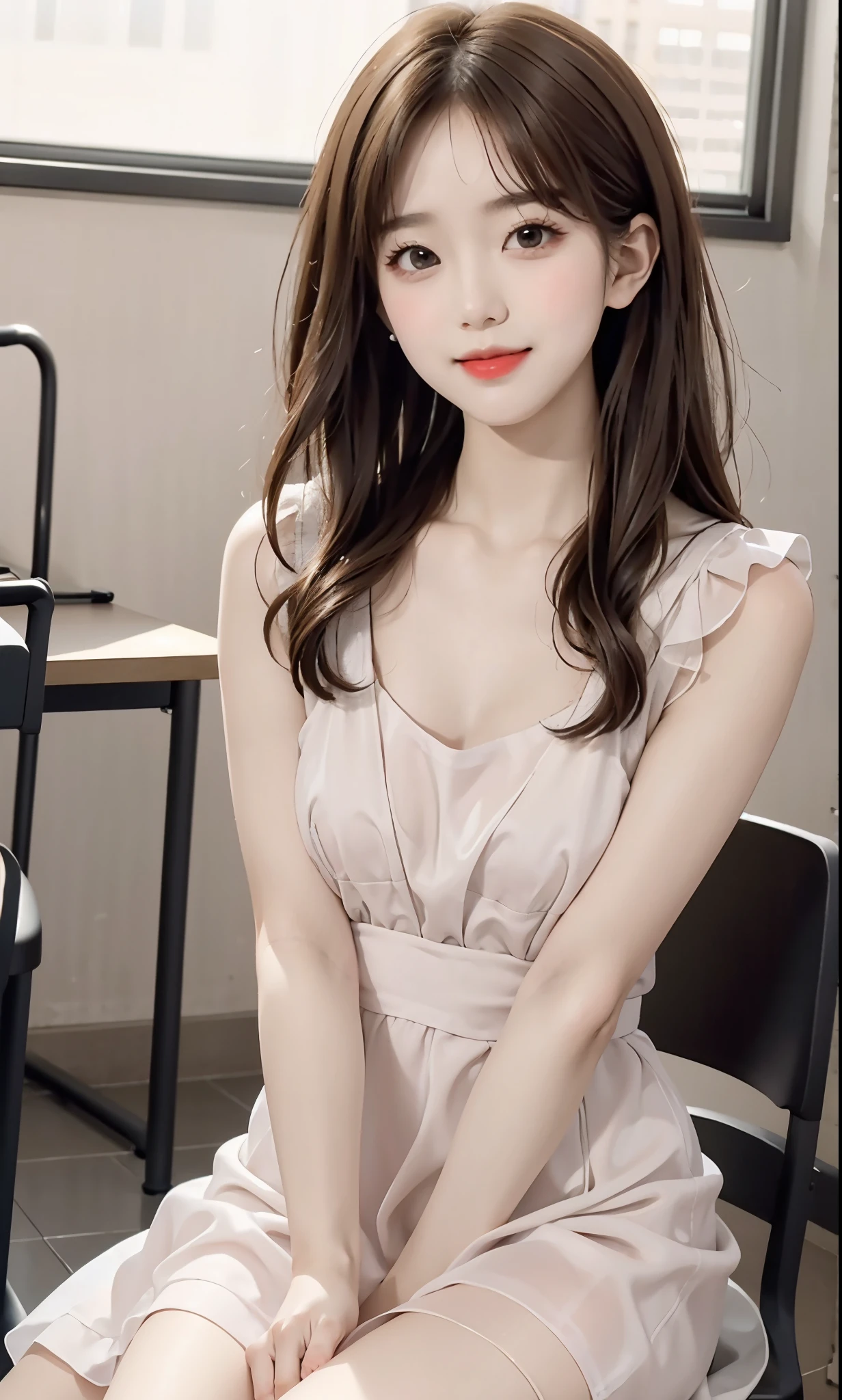 Sweet girl dress2,dress, (knee shot), (8K, RAW photogr, lifelike:1.25),(inside a classroom, sitting on desk), a warm color palette, Color saturation, ( Gloss on lips, eyelash, Grossas, shiny skin, best quality, ultra high definition, depth of field, Color difference, Caustics, Extensive lighting, natural shadow, K-pop idol) Looking at the audience with calmness and goddess-like happiness,